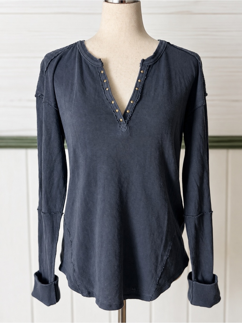Free People We The Free Military Mix Henley Studded Top Gray- Navy- Black- L